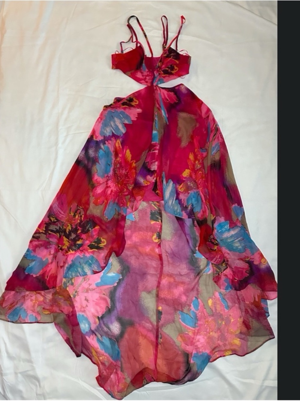 Hot Miami Styles Pink Floral High-Low Spaghetti Strap Dress